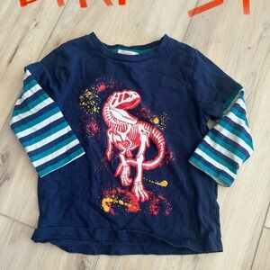 Striped Sleeve Dinosaur Tee for Kids - Navy